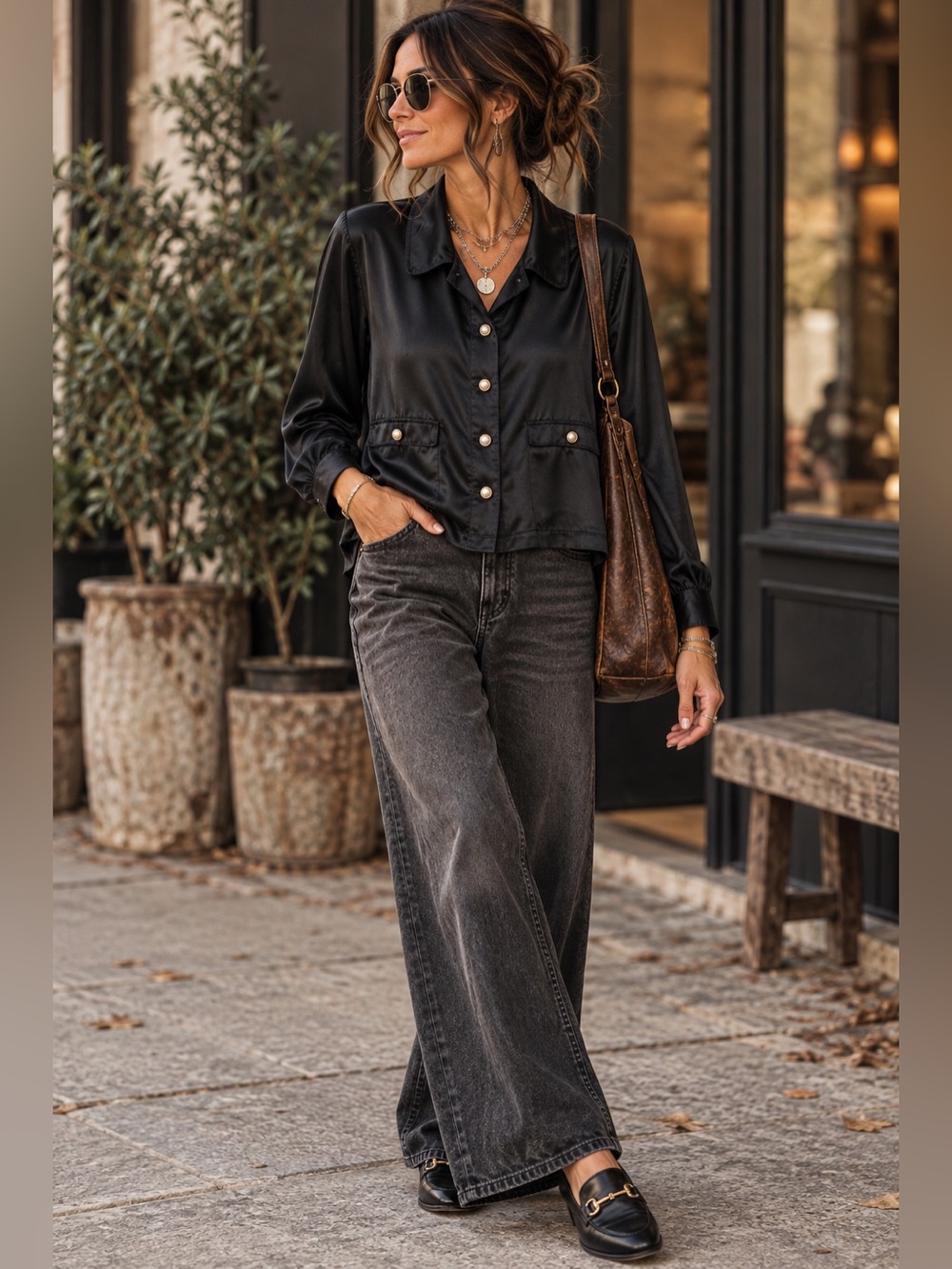J. Crew Black Satin Button-Down Blouse
